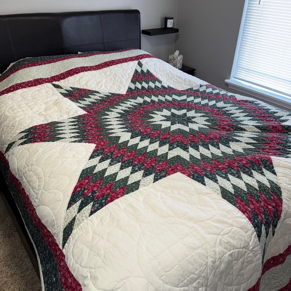 Handmade Lone Star Quilt Full Queen Burgundy Green Floral Patchwork Excellent‎
